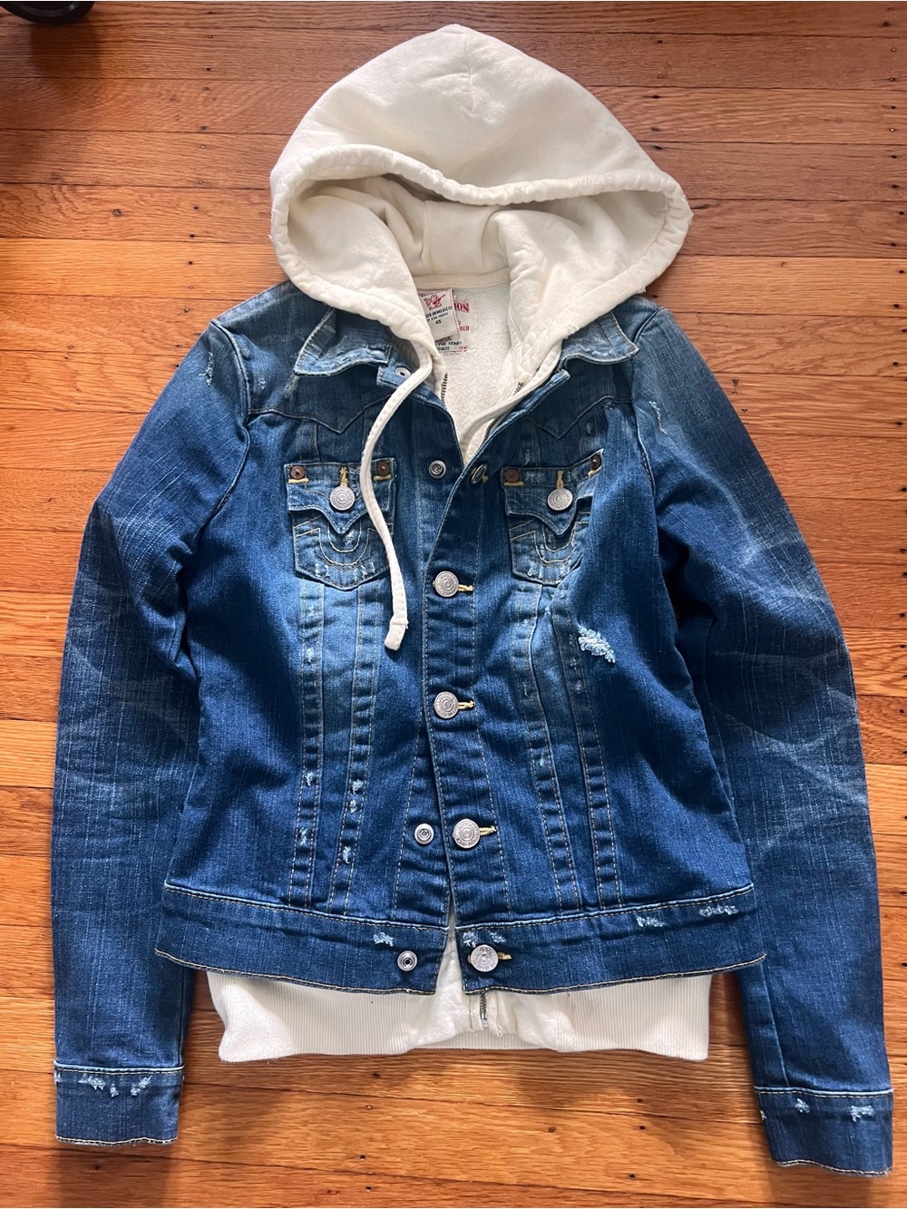 Vintage True Religion Big-T Blue Denim Jacket with White Hood XS